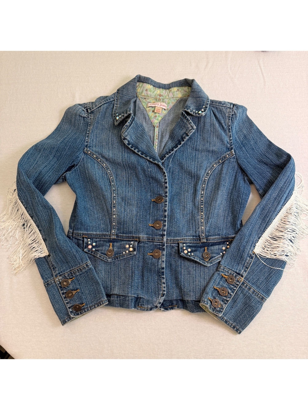 Vintage Y2K Tommy Jeans Fringe Rhinestone Denim Jacket L